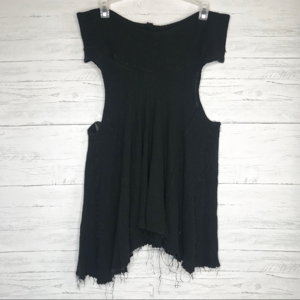 Free People Black Off Shoulder Waffle Knit Tank